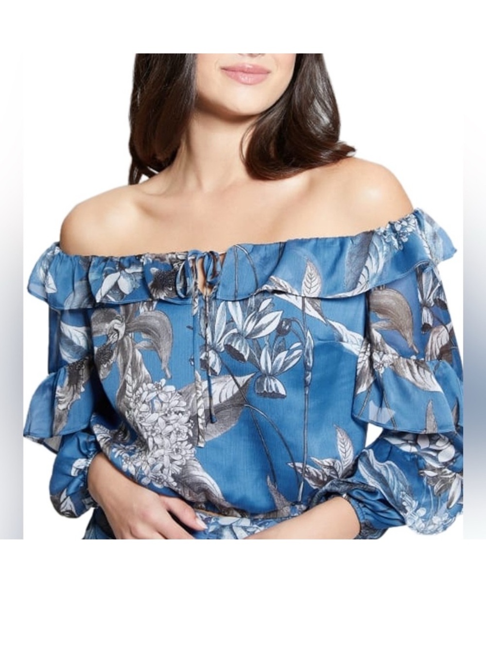 NWOT Guess Shani Cropped Off-Shoulder Ruffle Top Blue Black SMALL
